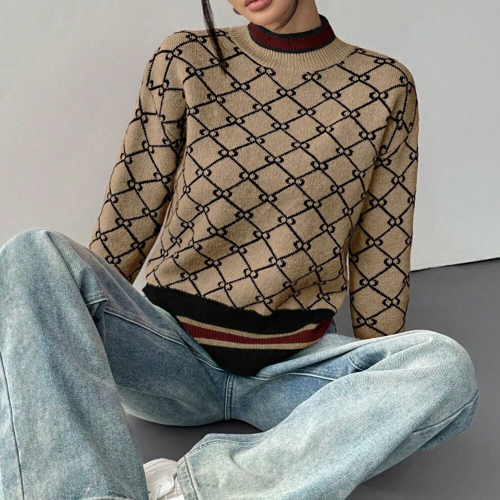 Khaki Casual Women's Geometric Embroidery Crew Neck Sweater - Picture 5 of 6